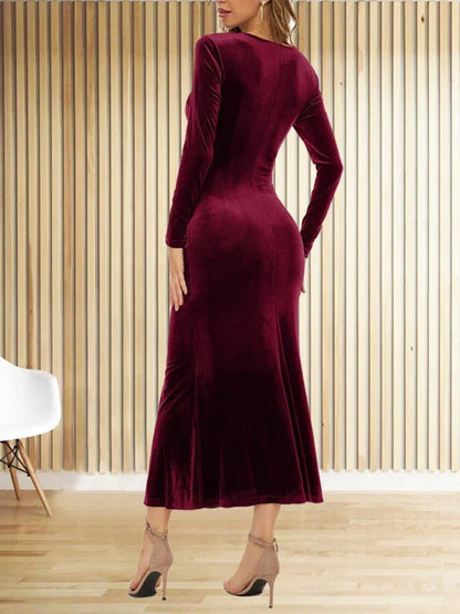 Wrap V Neck Ruched Velvet Long Sleeve Bodycon Maxi Dress