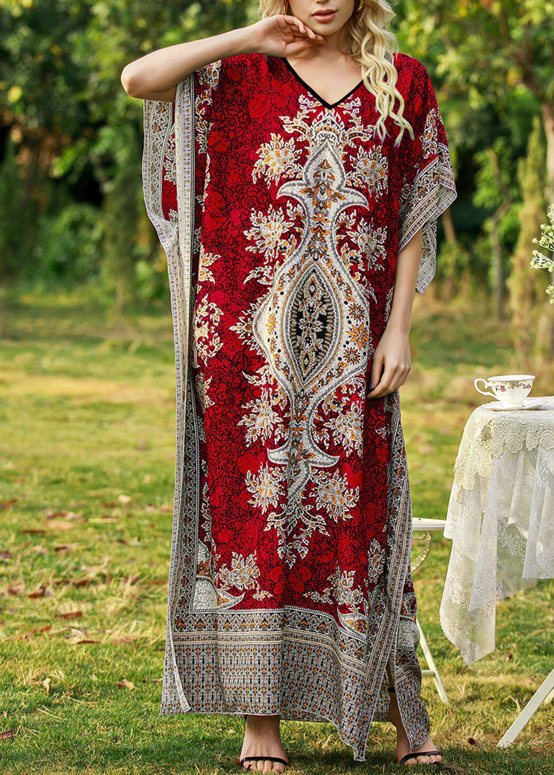 V Neck Batwing Sleeve Ornate Mandala Print Kaftan Maxi Dress