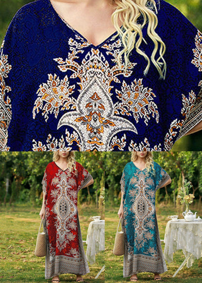 V Neck Batwing Sleeve Ornate Mandala Print Kaftan Maxi Dress