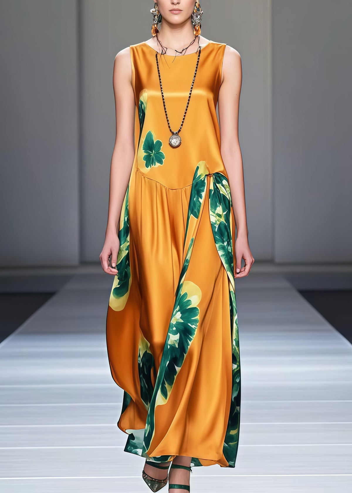 Round Neck Dropped Waist Abstract Floral Print Satin Maxi Dress