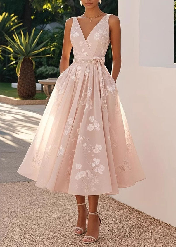 Deep V Neck Sleeveless Tonal Floral Jacquard Pleated Fit and Flare Midi Dress