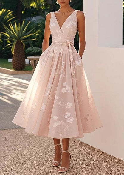 Deep V Neck Sleeveless Tonal Floral Jacquard Pleated Fit and Flare Midi Dress