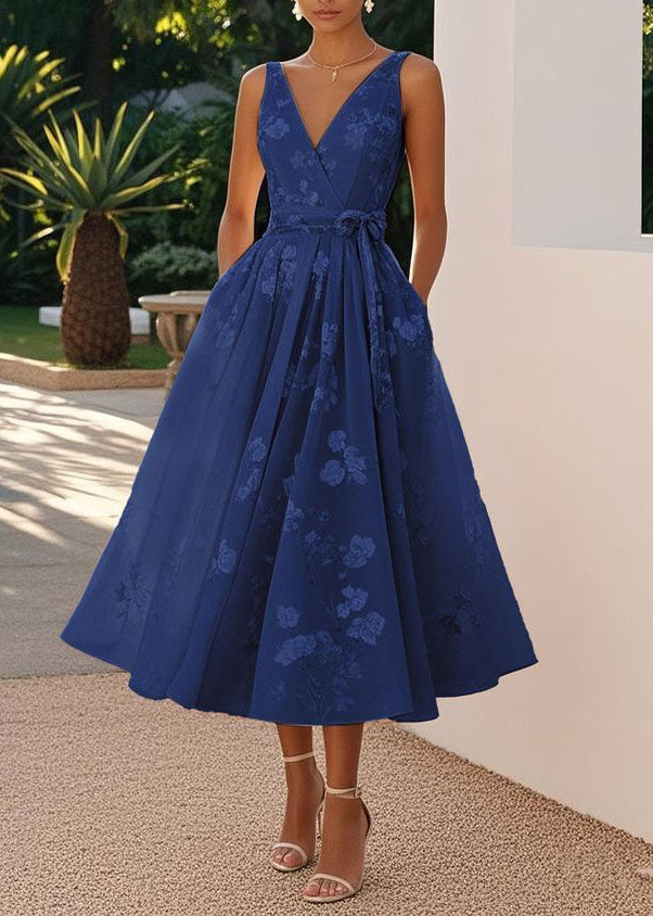 Deep V Neck Sleeveless Tonal Floral Jacquard Pleated Fit and Flare Midi Dress