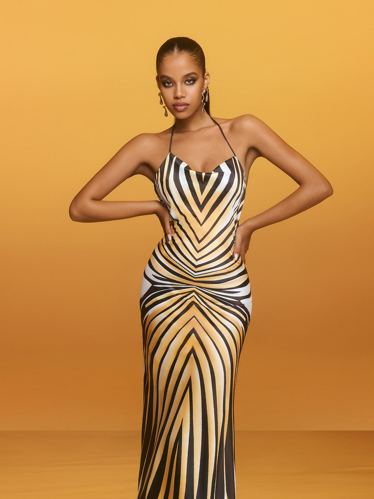 Halter Cowl Neck Chevron Stripe Ruched Waist Column Maxi Gown