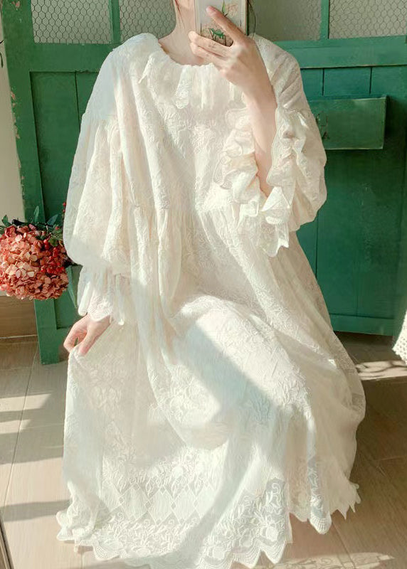 Round Neck Lace Patchwork Lantern Sleeve Maxi Dress