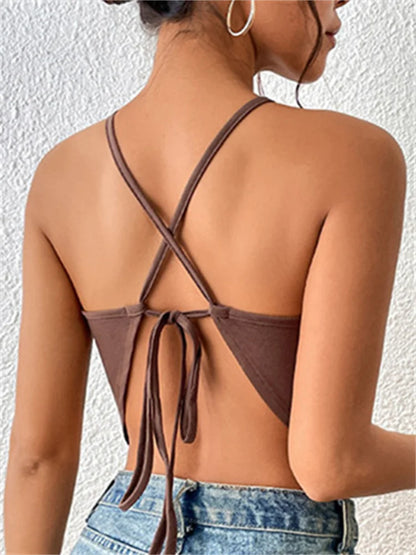 Backless Criss-cross Tie-up Summer Clubwear 2024 Off Shoulder Sleeveless Y2K Front Split Vests Crop Top