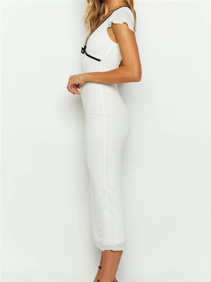 Deep V-Neck Contrast Trim Bow Empire Waist Sheer Cap Sleeve Maxi Dress