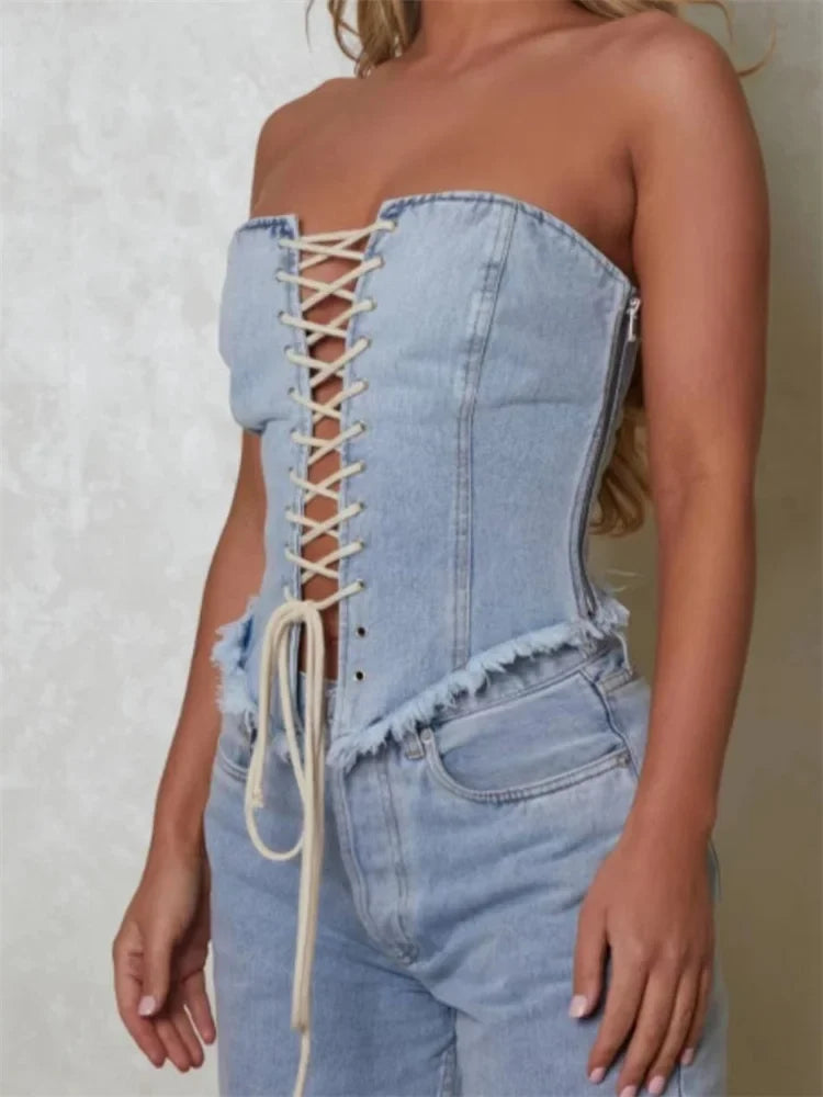 Bustiers Corsets Summer Party Clubwear Women Strapless Off Shoulder Criss-cross Tie-up Irregular Hem Vests Crop Top