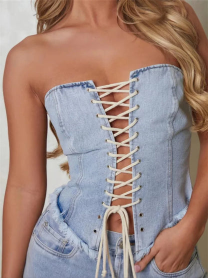 Bustiers Corsets Summer Party Clubwear Women Strapless Off Shoulder Criss-cross Tie-up Irregular Hem Vests Crop Top