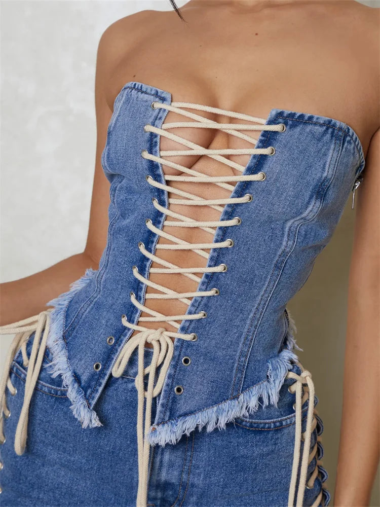 Bustiers Corsets Summer Party Clubwear Women Strapless Off Shoulder Criss-cross Tie-up Irregular Hem Vests Crop Top