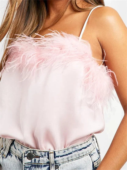Women Elegant Sleeveless Strap Fur Patchwork Summer Vest Party Club Streetwear Solid Color 2024 Crop Top