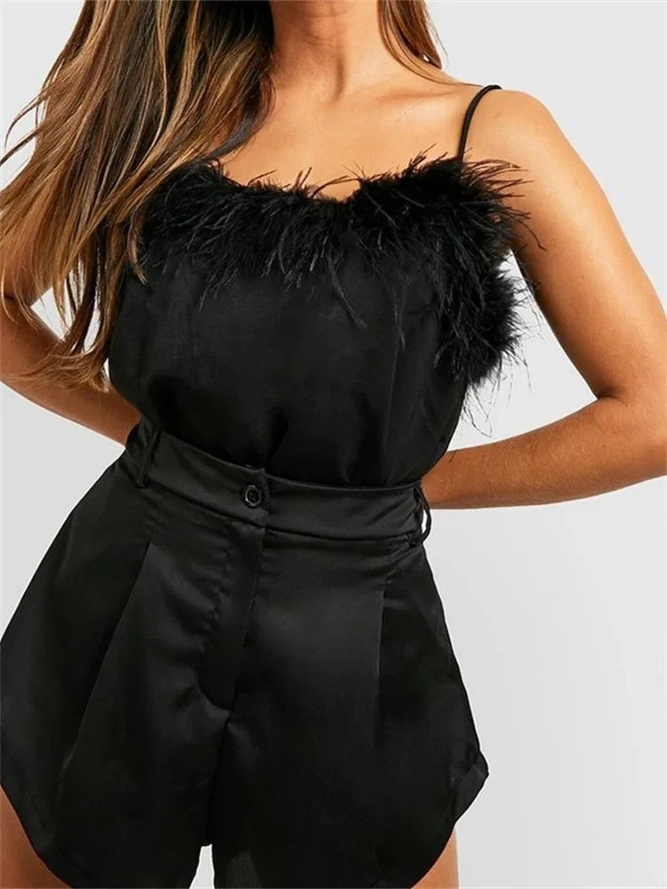 Women Elegant Sleeveless Strap Fur Patchwork Summer Vest Party Club Streetwear Solid Color 2024 Crop Top