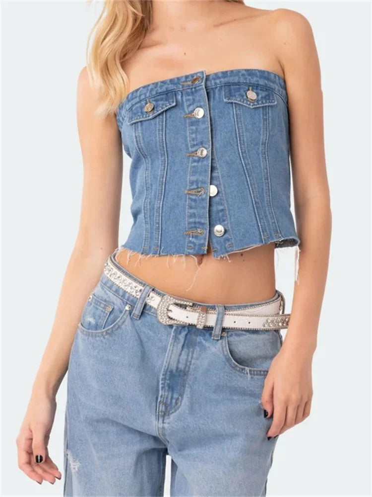 Women Denim Tube Strapless Slim Fit Button Down Bustiers Corsets Streetwear Summer Off Shoulder Vests Crop Top