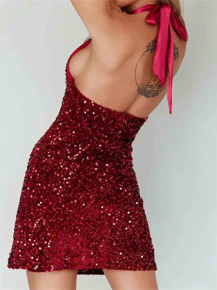 Glitter Halter Party Sequined Tie-Up Mini Dresses