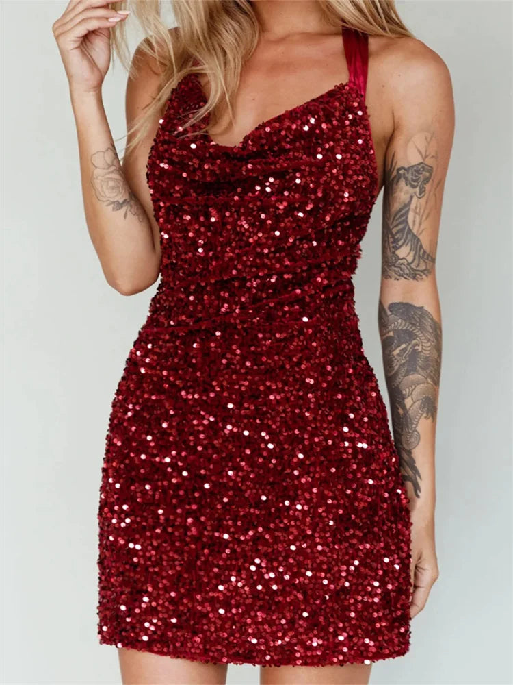 Glitter Halter Party Sequined Tie-Up Mini Dresses