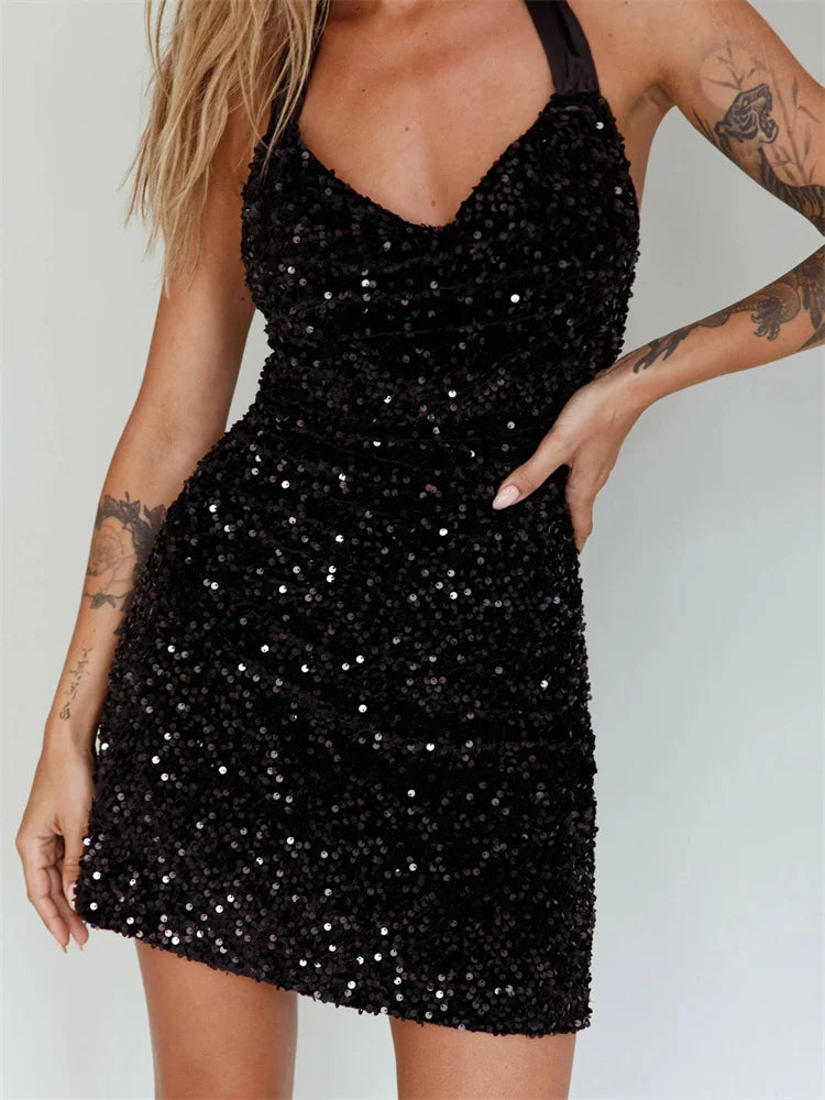 Glitter Halter Party Sequined Tie-Up Mini Dresses