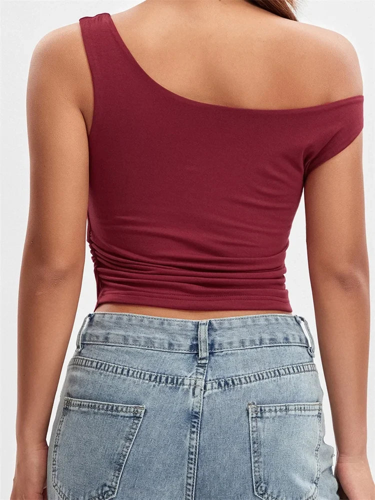 Women Summer Asymmetrical Hem Solid Color Off Shoulder Ruched Slim Cropped Mini Vest Streetwear 2024 Crop Top