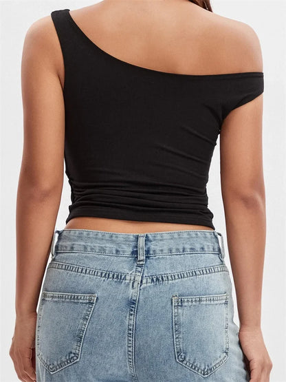 Women Summer Asymmetrical Hem Solid Color Off Shoulder Ruched Slim Cropped Mini Vest Streetwear 2024 Crop Top