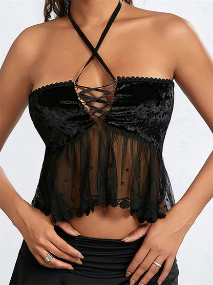 Women Mesh Patchwork Criss-Cross Tie-Up Halter Backless Vest Summer Sleeveless Cropped Clubwear Crop Top