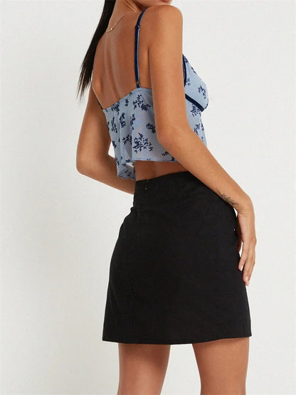 Sleeveless Strap V-neck for Women Front Split Floral Print Summer Party Streetwear Mini Vests Crop Top