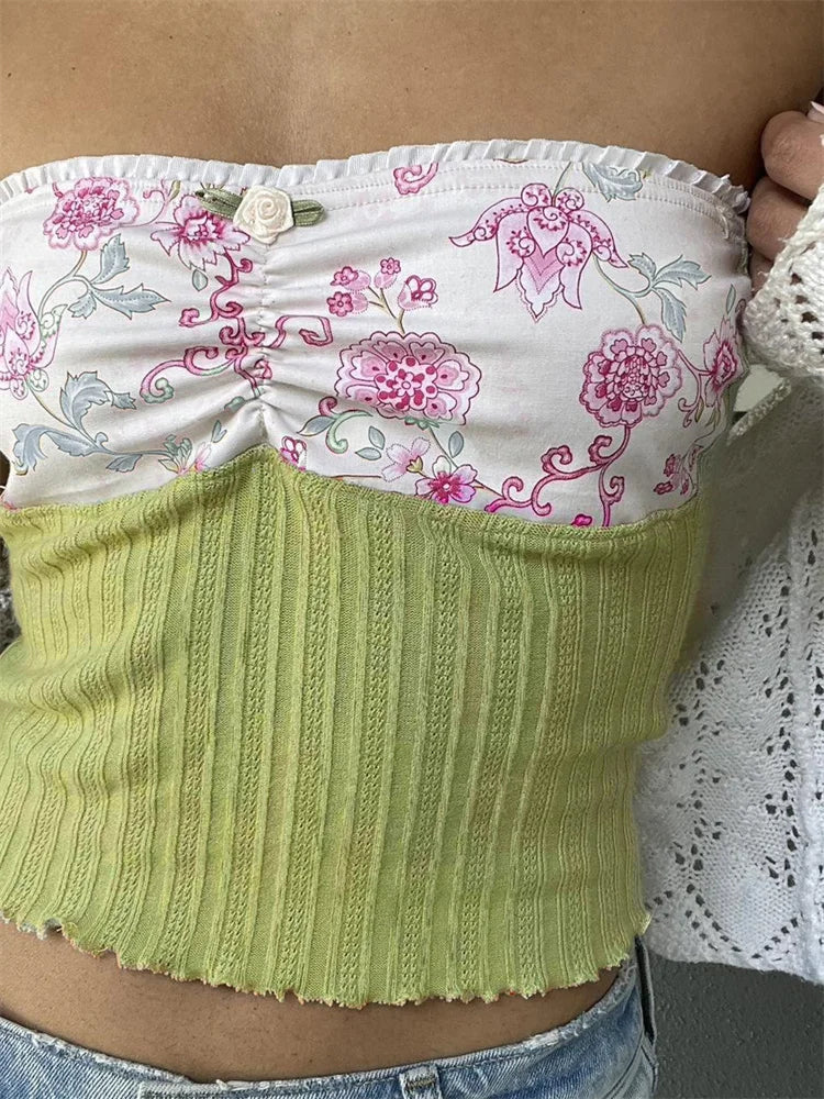 Y2K Strapless Tube Fairy Grunge Summer Knitted Floral Print Patchwork Vest Streetwear 2024 Crop Top