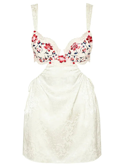 Floral Embroidered Bustier Sweetheart Lace Trim Waist Cut Out Jacquard Mini Dress