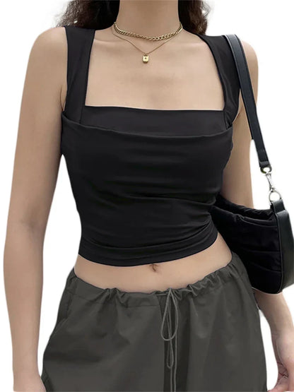 Y2K Women Summer Vest Square Neck Sleeveless Solid Slim Fit Cropped Black Vintage Clothes 2024 Crop Top