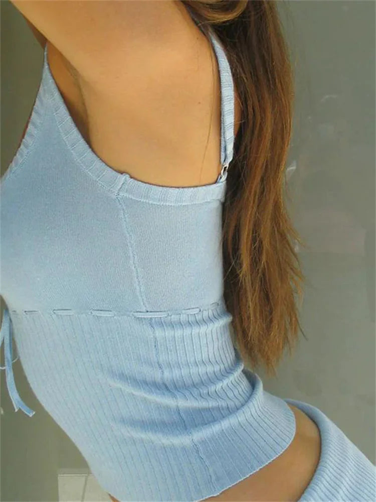 Y2K Vintage Backless Slim Fit Chic Bow Tie Up Knitted Adjustable Strap Retro Vest Clubwear 2024 Crop Top