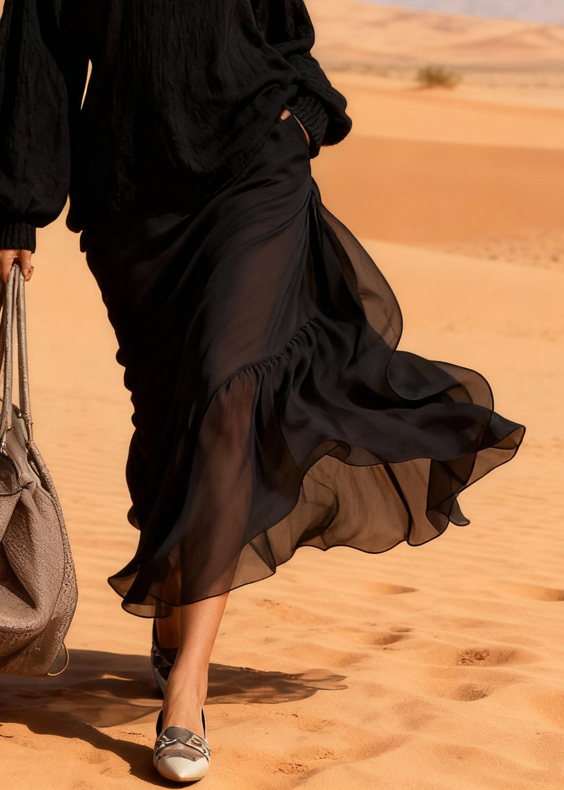 Mock Neck Rib Knit Balloon Sleeve Top Tiered Ruffle Midi Skirt Set
