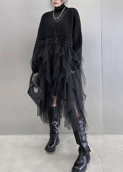 Rib Knit V-Neck Tiered Tulle Layered Asymmetrical Hem Maxi Dress