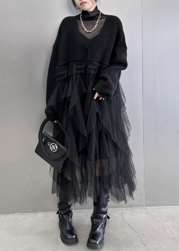 Rib Knit V-Neck Tiered Tulle Layered Asymmetrical Hem Maxi Dress