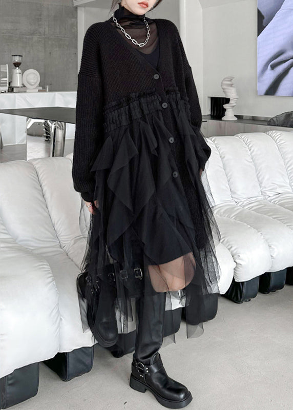 Rib Knit V-Neck Tiered Tulle Layered Asymmetrical Hem Maxi Dress