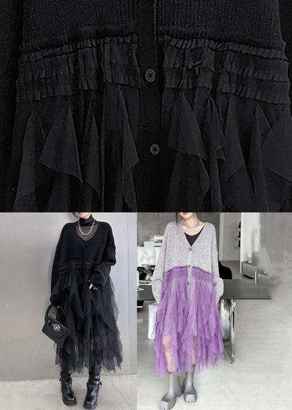 Rib Knit V-Neck Tiered Tulle Layered Asymmetrical Hem Maxi Dress