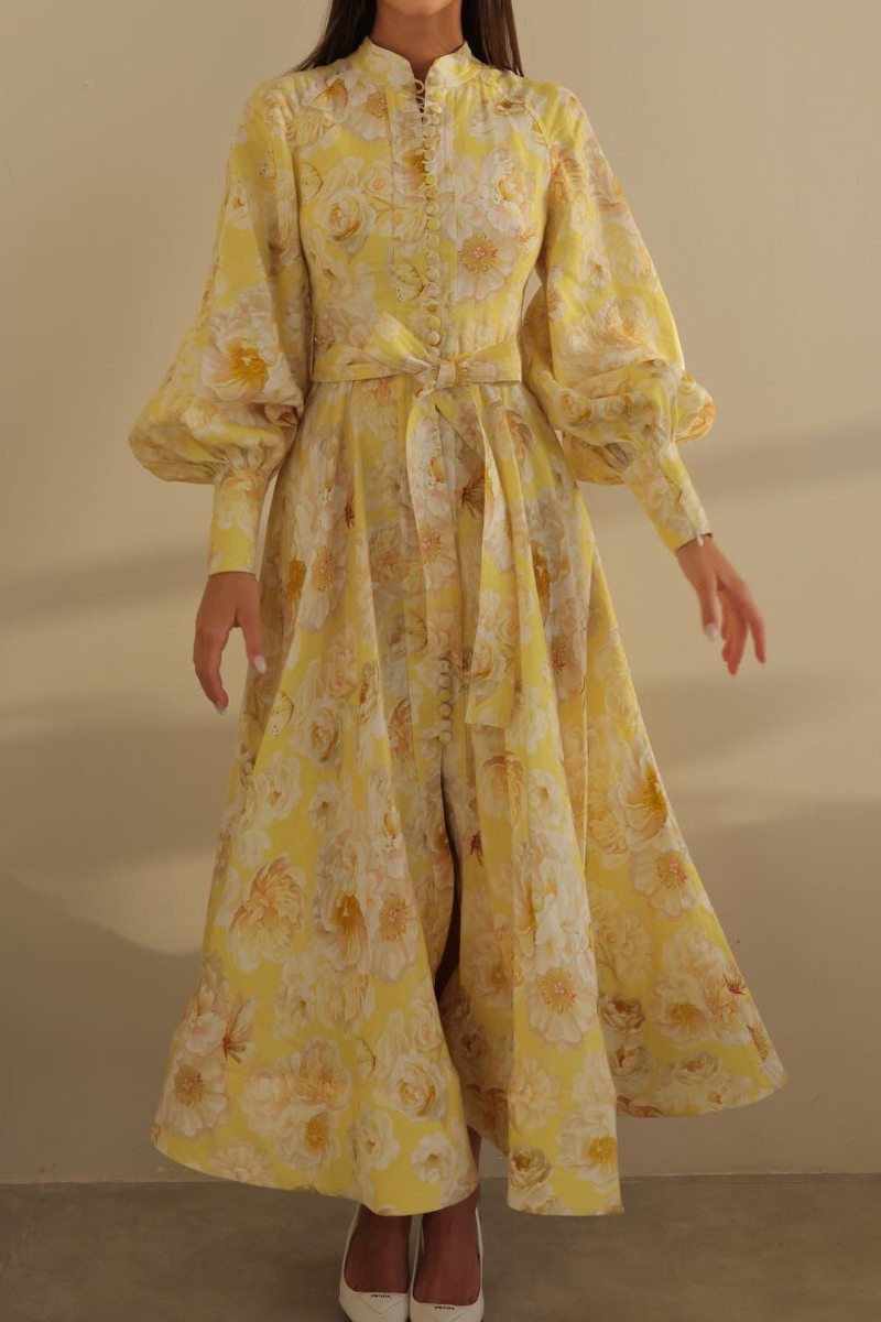 Mandarin Collar Button Front Balloon Sleeve Tie Waist Floral Maxi Dress
