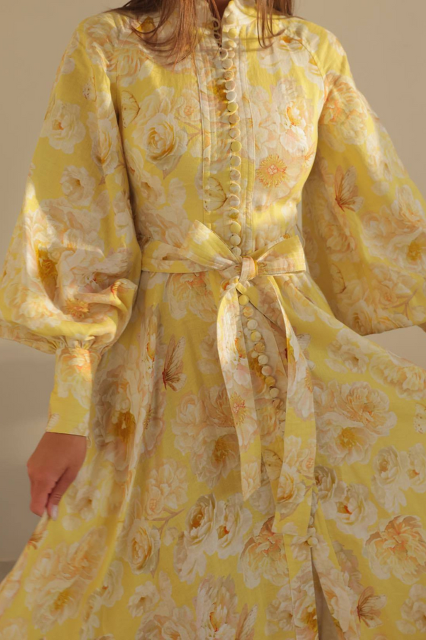 Mandarin Collar Button Front Balloon Sleeve Tie Waist Floral Maxi Dress