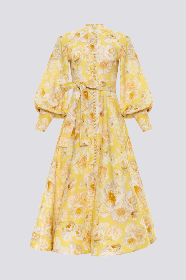 Mandarin Collar Button Front Balloon Sleeve Tie Waist Floral Maxi Dress