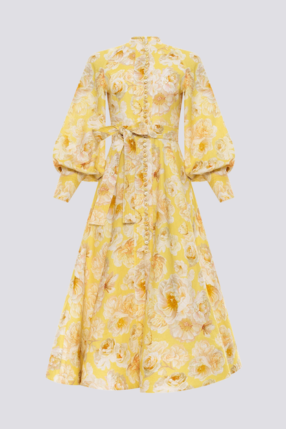Mandarin Collar Button Front Balloon Sleeve Tie Waist Floral Maxi Dress
