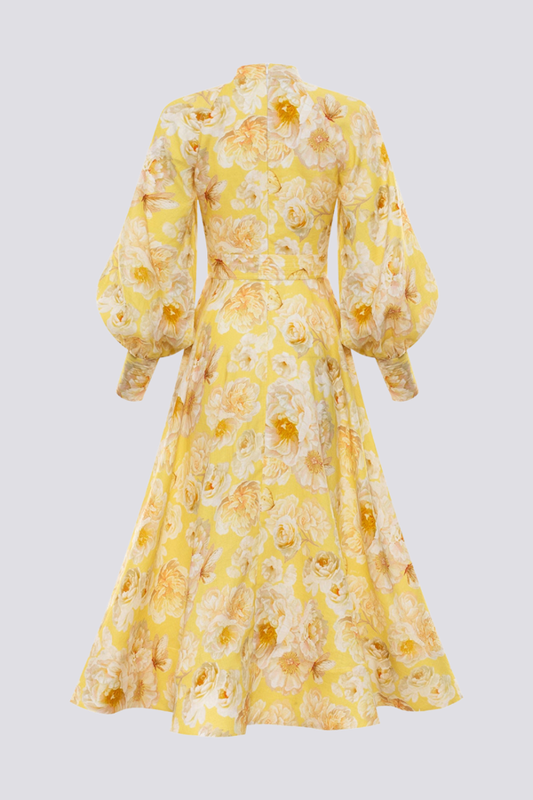 Mandarin Collar Button Front Balloon Sleeve Tie Waist Floral Maxi Dress