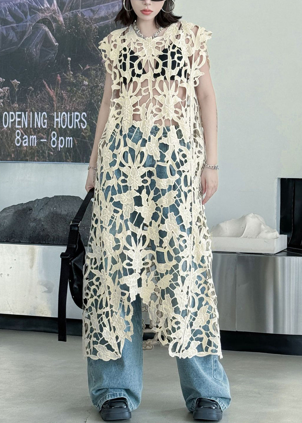 Sleeveless Hollow Out Floral Crochet Lace Longline Dress