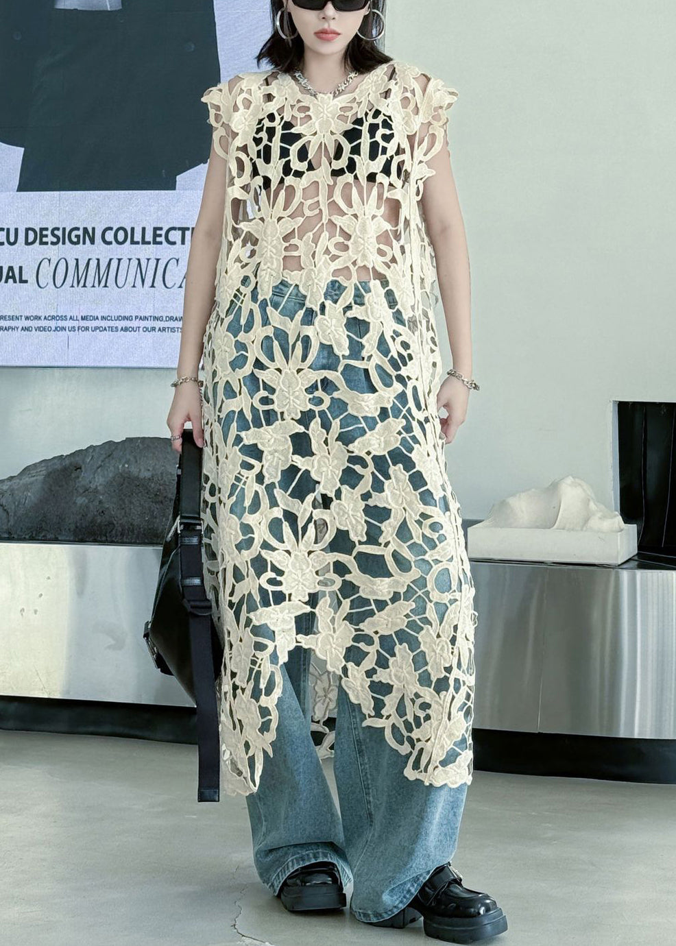 Sleeveless Hollow Out Floral Crochet Lace Longline Dress
