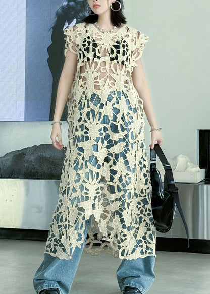 Sleeveless Hollow Out Floral Crochet Lace Longline Dress
