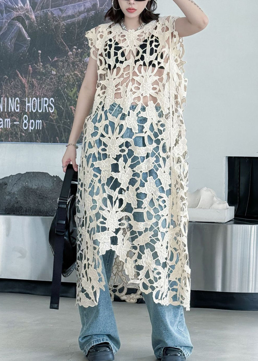 Sleeveless Hollow Out Floral Crochet Lace Longline Dress
