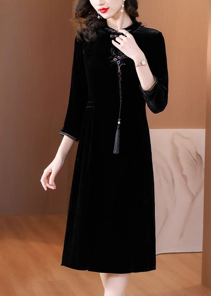 Mock Neck Frog Button Tassel Embroidered Velvet Mandarin Collar Midi Dress
