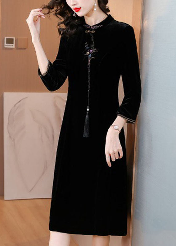 Mock Neck Frog Button Tassel Embroidered Velvet Mandarin Collar Midi Dress