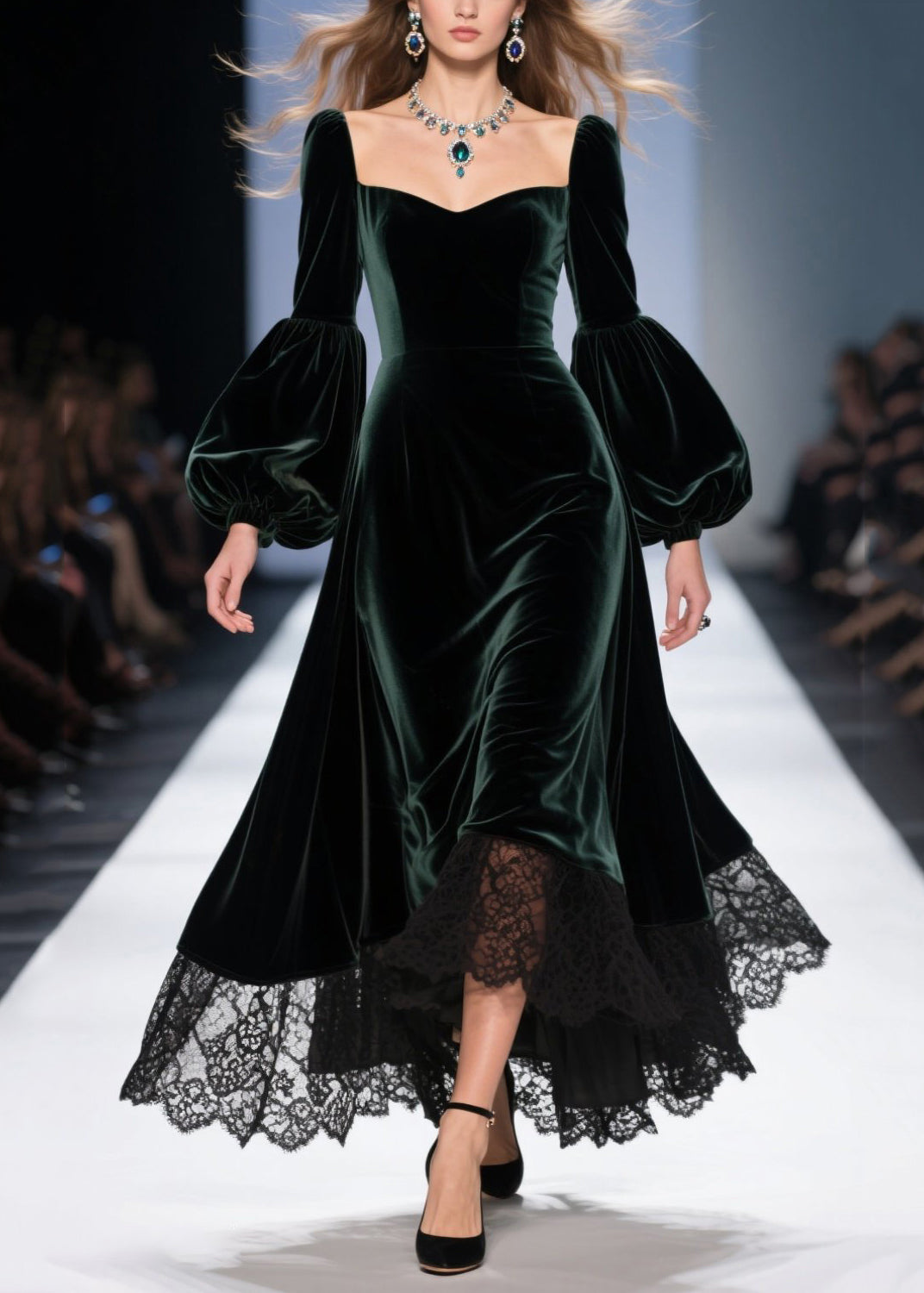 Sweetheart Neck Lantern Sleeve Lace Trim Scalloped Hem Velvet Midi Gown