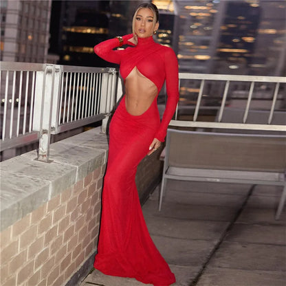 Elegant Cut Out Maxi Dress Party Club Long Sleeve Ruched Party Dress