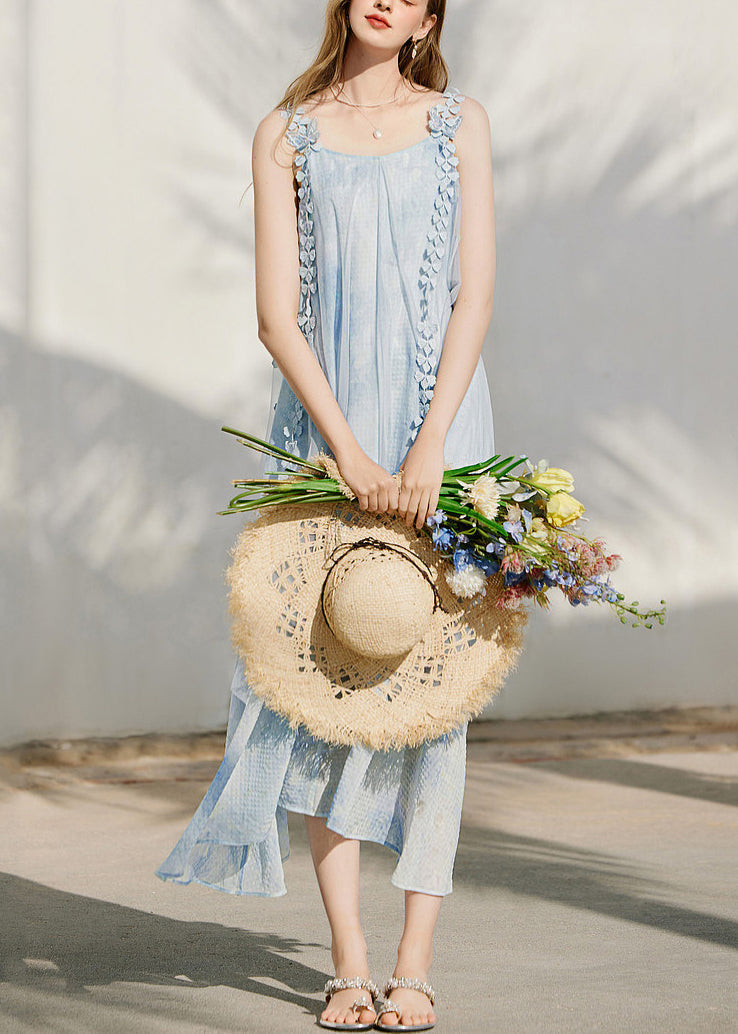 Scoop Neck Lace Trim Armhole Watercolor Print Crinkle Pleat Asymmetric Midi Dress