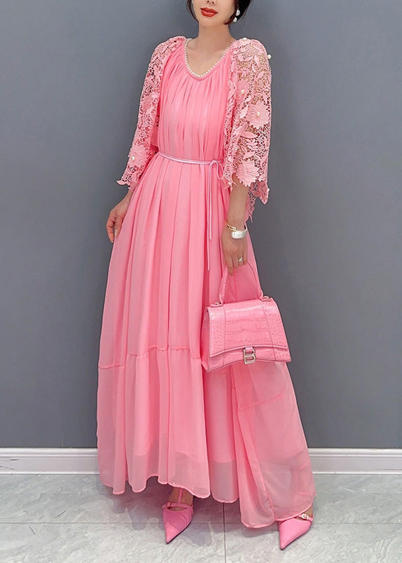Scoop Neck Pearl Trim Sleeveless Tiered Maxi Dress with Lace Bell Sleeve Shrug Set