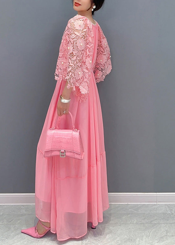 Scoop Neck Pearl Trim Sleeveless Tiered Maxi Dress with Lace Bell Sleeve Shrug Set