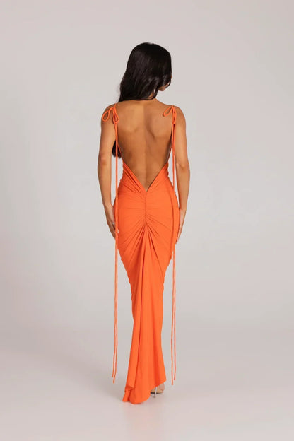 Tie Shoulder Deep V Back Ruched Bodycon Maxi Dress